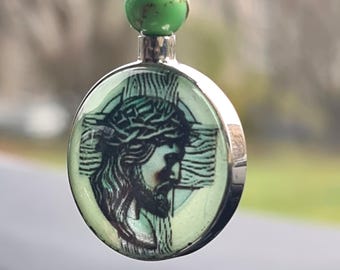 Christ Car Mirror Charm: Howlite beads with silver pendant. Glow in Dark