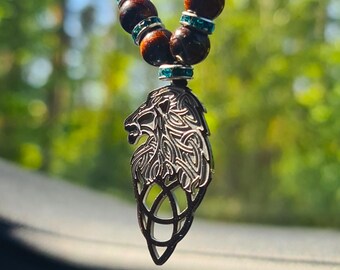 Lion Car Mirror Charm: Moonstone & Tiger Eye Amulet, Silver Pendant