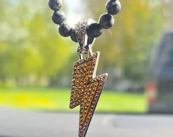 Rhinestone Lightning Car Mirror Charm: Black Larvikite Amulet