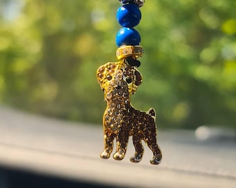 Lapis Lazuli Car Mirror Charm: Rhinestone Dog Amulet