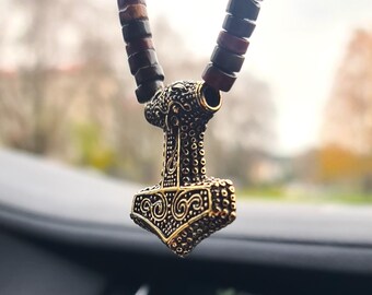 Car protection. Car mirror charm. Beaded  amulet Hammer of Thor. Indian jasper. Bronze.