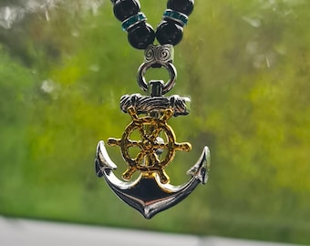 Car Mirror Amulet: Black Agate Anchor Pendant, Silver & Gold