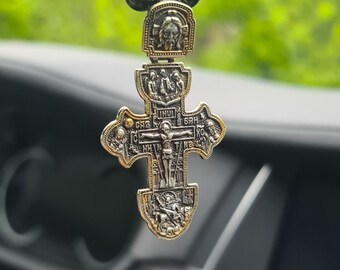 Obsidian Beaded Car Mirror Amulet: Holy Trinity Cross Pendant