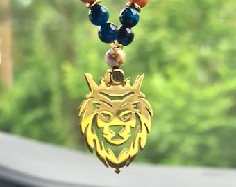 Car protection.Car mirror charm. Beaded amulet Lion. Multi color beads. Gold colored pendant.