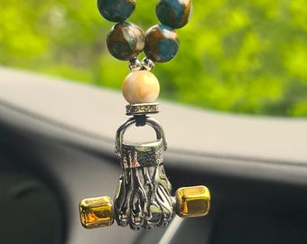 Car Mirror Amulet: Chalcedony, Shell & Beaded Dumbbell Charm
