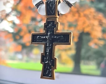 Beaded Car Mirror Charm: Moonstone Cross Amulet.