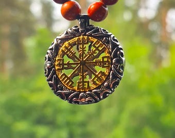 Vegvisir Viking Compass Car Charm: Brazilian Agate Amulet