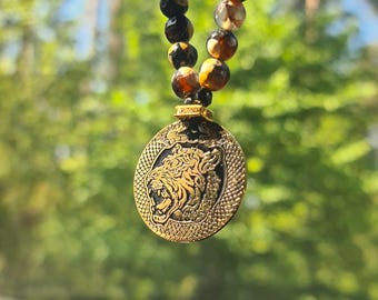 Car protection. Car mirror charm. Beaded amulet Tiger. Fire agate.  Brass pendant.