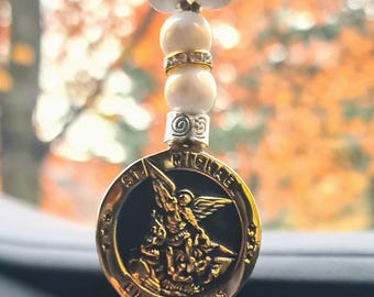 St. Michael Car Mirror Charm: Beaded Amulet for Protection