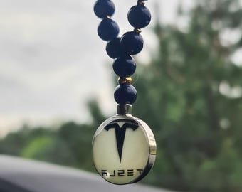 Tesla Car Mirror Charm, Blue Sandstone Beaded Amulet, Glow in Dark