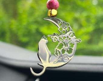 Cat on Moon Car Mirror Charm: Pink Howlite Beaded Amulet