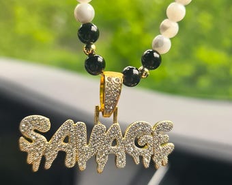 Car Mirror Charm: Beaded Amulet with Onyx, Moonstone, Rhinestone