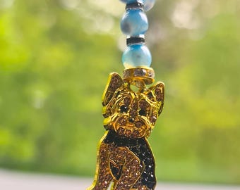 Car Mirror Charm: Blue Apatite Beaded Amulet with Rhinestone Dog