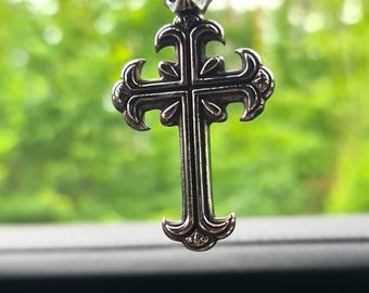 Car protection. Car mirror charm. Beaded amulet Cross. Blue howlite. Silver colored metal pendant.