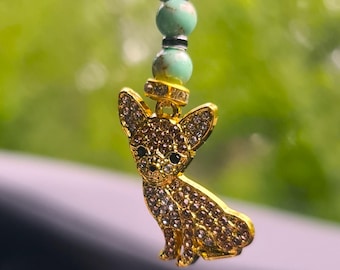 Rhinestone Dog Car Mirror Charm: Green Howlite Beaded Amulet