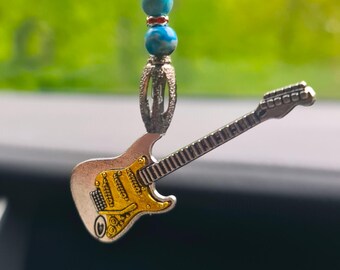 Car protection. Car mirror charm. Beaded amulet Guitar. Blue Brazilian agate. Silver colored pendant.
