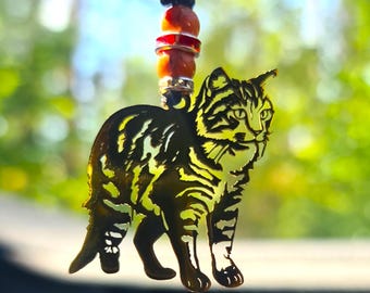 Car protection. Car mirror charm. Beaded amulet Cat. Peach gold jasper. Brass pendant.