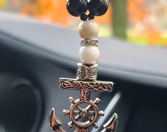 Car Mirror Amulet: Black Agate Anchor Pendant with Shell beads, Silver.