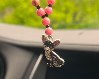 Car Mirror Charm: Pink Howlite Beaded Amulet with Rhinestone Dog