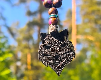 Car protection. Car mirror charm. Beaded amulet Wolf. Purple chalcedony. Silver colored pendant.