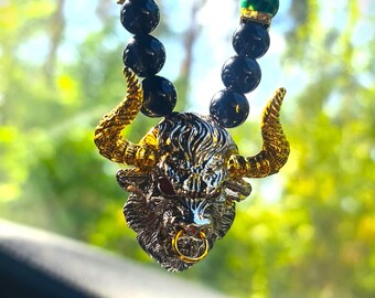 Ox Amulet Car Mirror Charm: Malachite & Black Agate