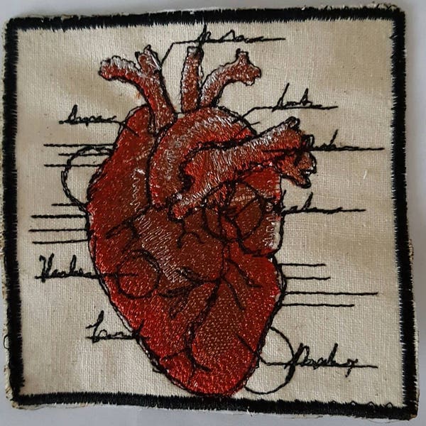 Anatomical heart patch, iron on anatomical heart,  iron on heart patch, handmade heart patch,  vegan heart,  heart badge,  handmade patch