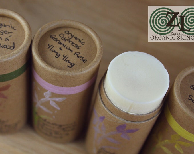Handmade, organic, vegan deodorants in a biodegradable push up tube with organic essential oils. 6 varities to choose from