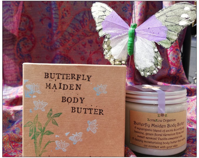 Butterfly Maiden luxury body butter (with raw organic Cacao Butter, Jasmine, Organic Geranium Rose & Vanilla) 100% All Natural, Handmade