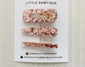 Set of 3 Genuine Metallic Rose Gold Silver Girl Hair Clip Mothers gift Bohemian Chic Pink Metallic Leather Alligator Hair Clips
