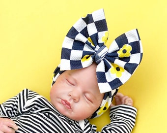 CHECKERS AND FLOWERS Baby Headwrap, Big Bow Headbands, Newborn Bows, Soft and Stretchy, Big Bows, Headwrap Bows, Baby Girl Bows, Shower Gift