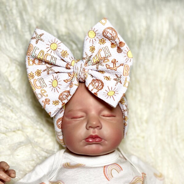 BEACH BABE Baby Bows, Piggies, Newborn Headband, Hair Clips, Big Bow Headband, Baby Girl, Baby Headband, Baby Head Wrap, Stretchy Head Wrap