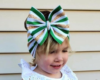 GREEN N GOLD STRIPES Baby Headwrap, St. Patrick's Day ,Big Bow Headband, Toddler Headband,  Baby Head Wrap; Bow on nylon band; Bow on clip
