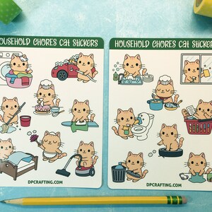 Household Chores Kawaii Cat stickers, Sticker Sheets, Funny Cats, Planner Stickers, Cute kitty Stickers, cleaning, laundry, cooking, vacuum