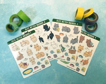Cute Kawaii Cat stickers, Sticker Sheet, Planner Stickers, Cute kitty Sticker, Funny situation Cats, yarn cat, playful cat, cat lover