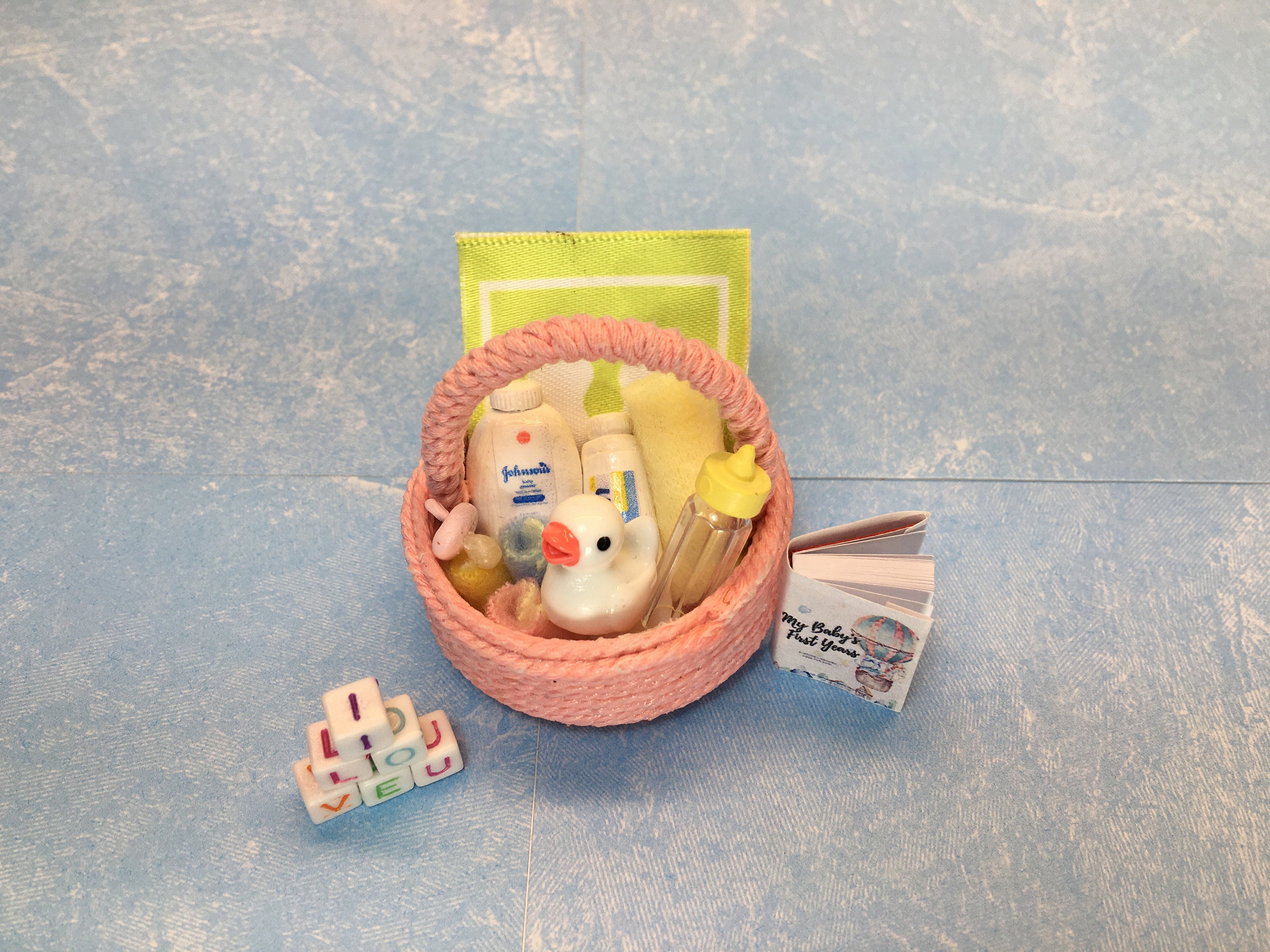 Custom Orders Available Dollhouse Miniature Miniature Basket It's a Boy Blue Baby Shower Basket