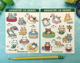Kawaii Summertime Cat stickers, Sticker Sheets, Kawaii Stickers, Planner Stickers, Cute Cat Stickers, Cat Kawaii, Summer Cats, beach sticker
