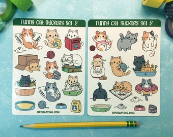 Funny Cat Kawaii stickers, Sticker Sheet, Planner Stickers, Cute kitty Sticker, Funny situation Cats, yarn cat, cat butt, reading, cat lover