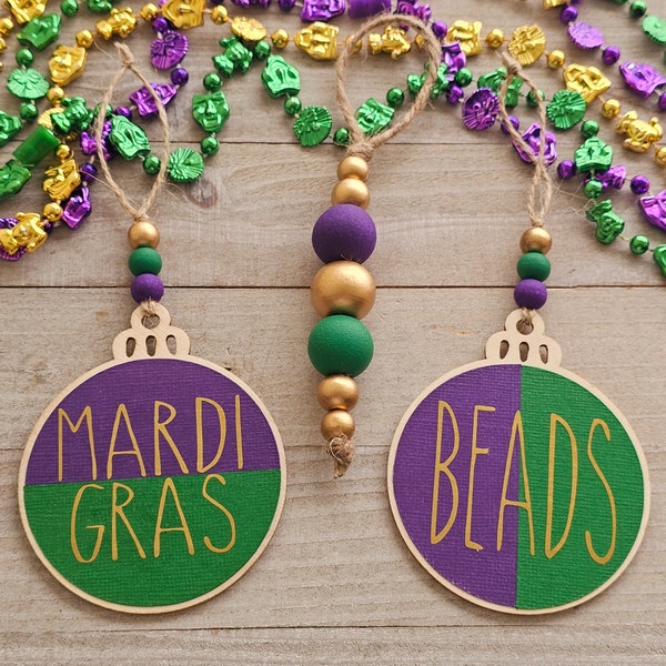 Individual Wood Mardi Gras Ornaments With Painted Beads (Holiday Tree Gift Tags Wine Bottle Tags Accessories Tiered Tray Home Decor)