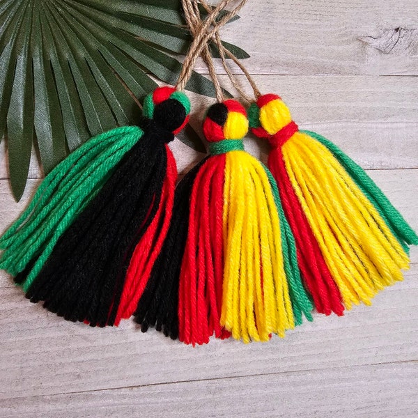 Individual Knot Yarn Tassel Ornament  African Juneteenth Jamaican Black History Month Colors wine bottles gift tags stocking tag home decor