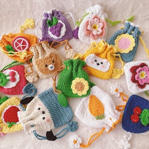 Portamonete con coulisse all'uncinetto fatto a mano/Portamonete con animali e fiori di frutta colorati/Regalo per lei, bambino, bambina, figlia, compleanno, Natale