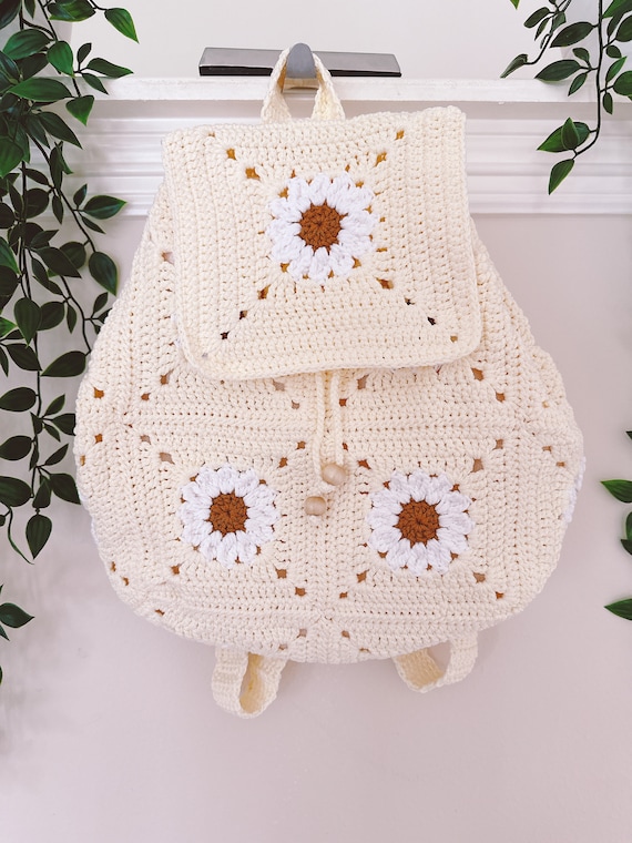 Boho Chic Handmade Small Yellow Crochet Drawstring Flower Backpack 100+ ORDERS FOR ONE DESIGN. ?? ​ I knew this butter-yellow  main image 4