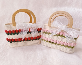 Handgefertigte Häkeln Tulpe Handtasche | Holzgriffe, Florale Geldbörse