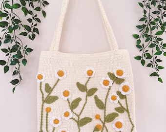 Handgemachte häkeln Blume Schultertasche, gestickte Gänseblümchen Tote