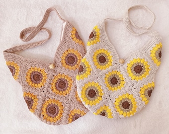 Handgemachte häkeln Sunflower Grandma Square Bag | Knopf aus Holz