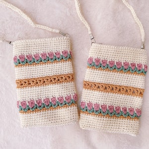 Bandolera de tulipán de ganchillo hecha a mano, bolso / teléfono con patrón de flores pequeñas, billetera, almacenamiento de lápiz labial / regalo para ella, niño, hija, cumpleaños