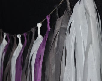 Plum, Black, Slate Grey, and White Tassel Garland | Wedding Decorations | Celestial Wedding