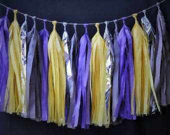 Yellow, Purple, Slate Grey, and Silver Tassel Garland | Wedding Decorations