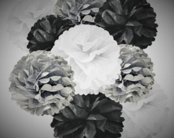 Set Of 6 Poms Black White And Matte Silver Pom Kit Etsy