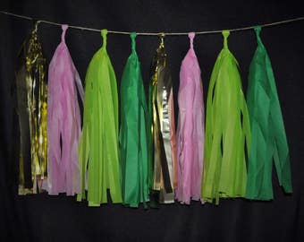 Tinkerbell Themed Tassel Garland | Disney Party Decor | Spring Decorations | Pink, Neon Green, Green, and Gold Tassel Garland