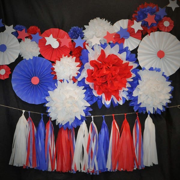 Red, White, and Blue Tassels | Tissue Paper Tassel Garland | Fourth of July Decorations | Captain America Party | Wonder Woman Decor